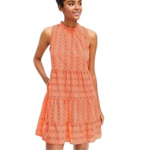 Ann Taylor LOFT Lively Coral Eyelet Tiered Swing Ruffle Cotton Mini Dress XS